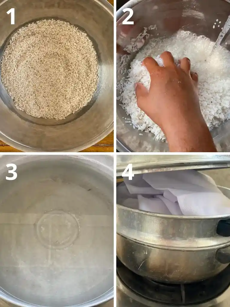 Instructional step-by-step images for steaming sticky rice in a pot.
