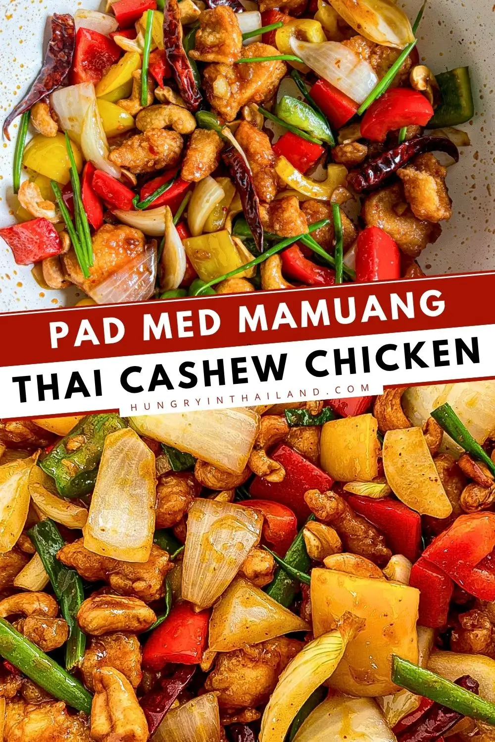 Authentic pad med mamuang (Thai cashew chicken) with crispy chicken, roasted cashews, bell peppers, and onions.