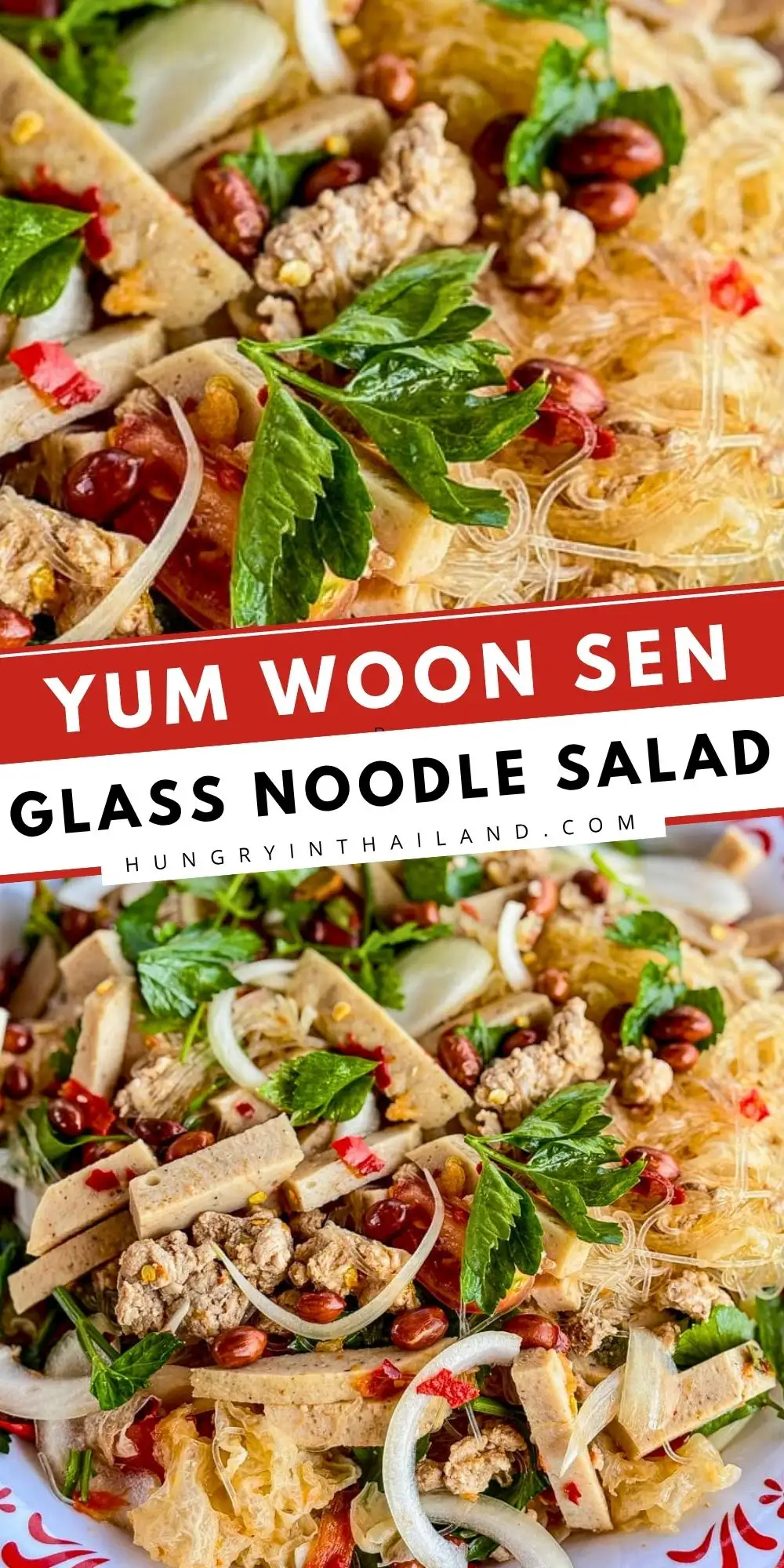 Yum woon sen Thai glass noodle salad with ground pork, peanuts, herbs, and chili dressing.