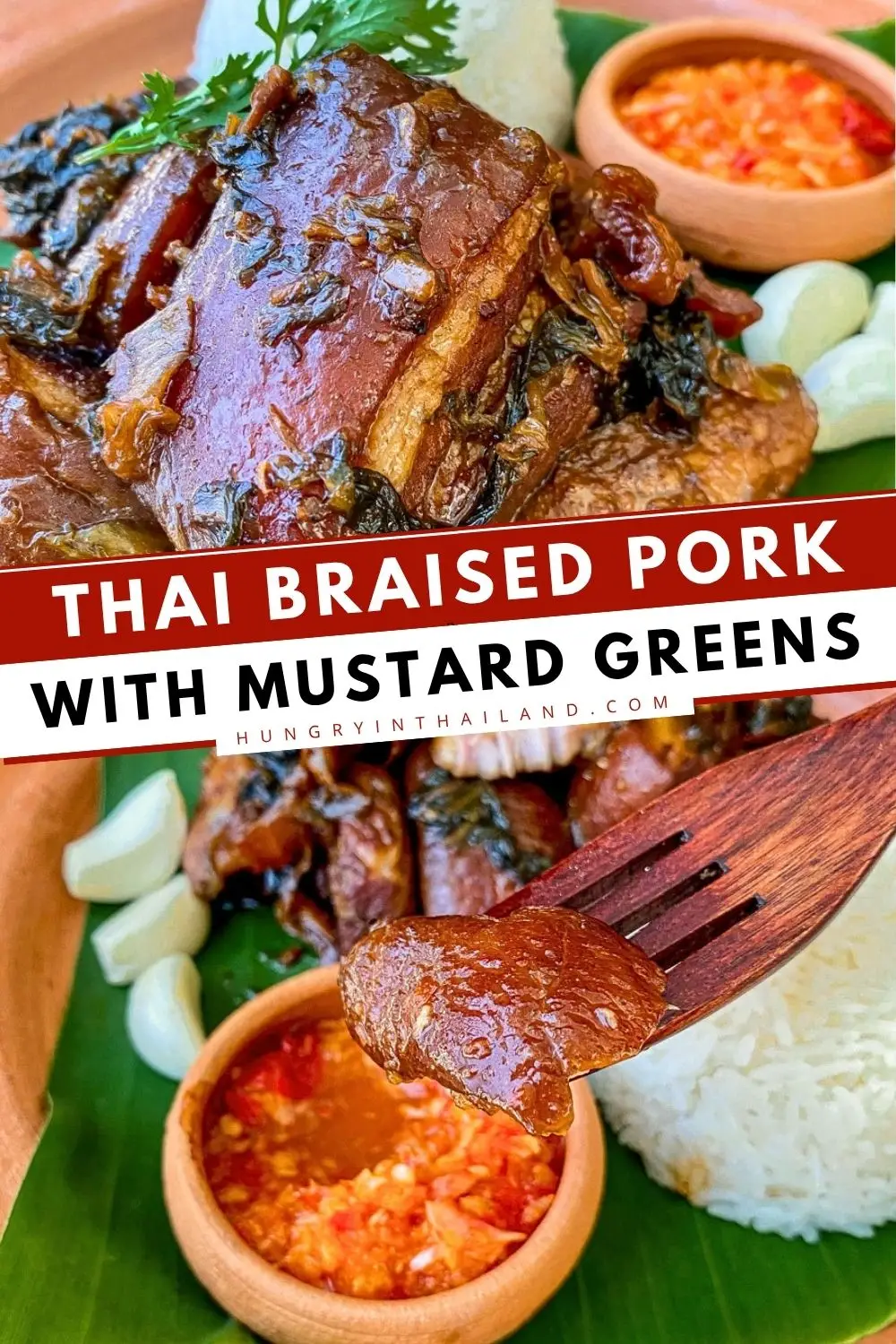 Thai braised pork belly with pickled mustard greens, served with jasmine rice and spicy vinegar dipping sauce.