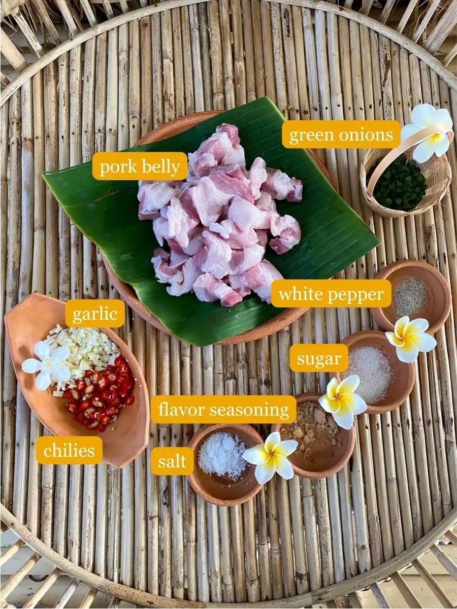 Top-view of ingredients for pork belly chili recipe: pork belly, chopped red chilies, chopped garlic, flavor seasoning, salt, white sugar, white pepper, and chopped green onions.