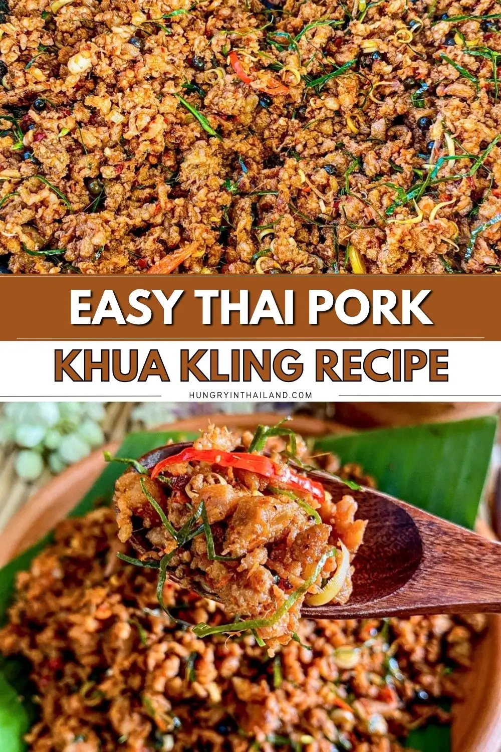 Close-up of khua kling, spicy Southern Thai dry curry with minced pork, chilies, lemongrass, and makrut lime leaves.