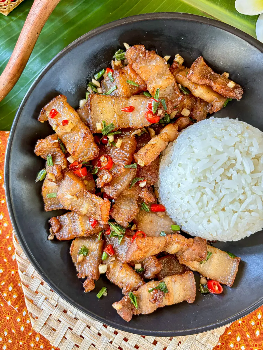 Moo pad prik, Thai pork belly stir-fry, served with steamed rice.
