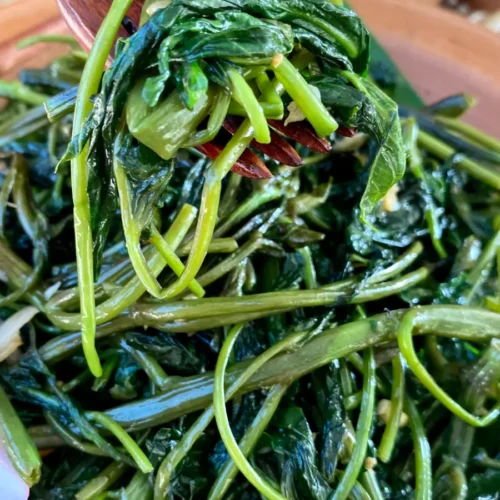 Close-up of pad pak boong, glistening stir-fried morning glory with green stems and wilted leaves.