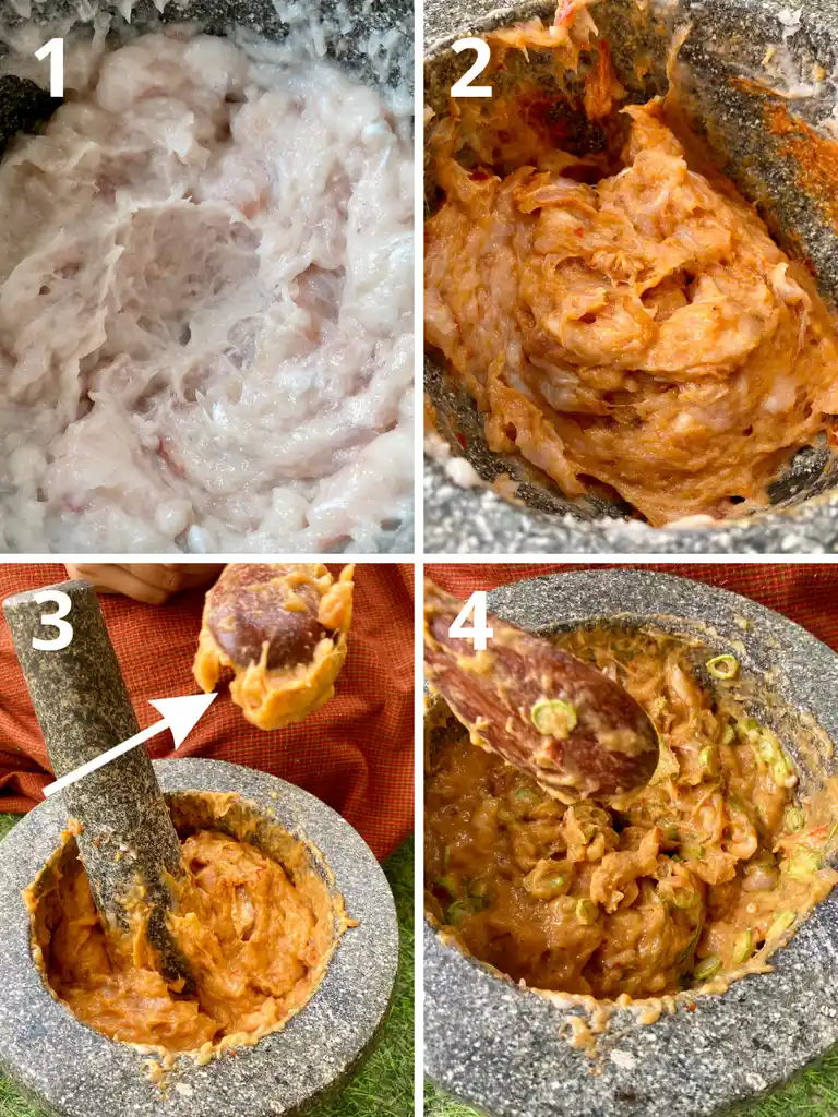 Step-by-step preparation of Thai fish cake batter in mortar: 1) minced fish, 2) adding red curry paste, 3) forming patties, 4) mixing in yard long beans and kaffir lime leaves.