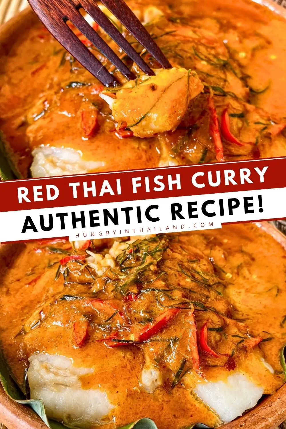 Authentic Thai red fish curry made with flaky white fish in a creamy coconut red curry sauce with kaffir lime leaves and Thai chilies.