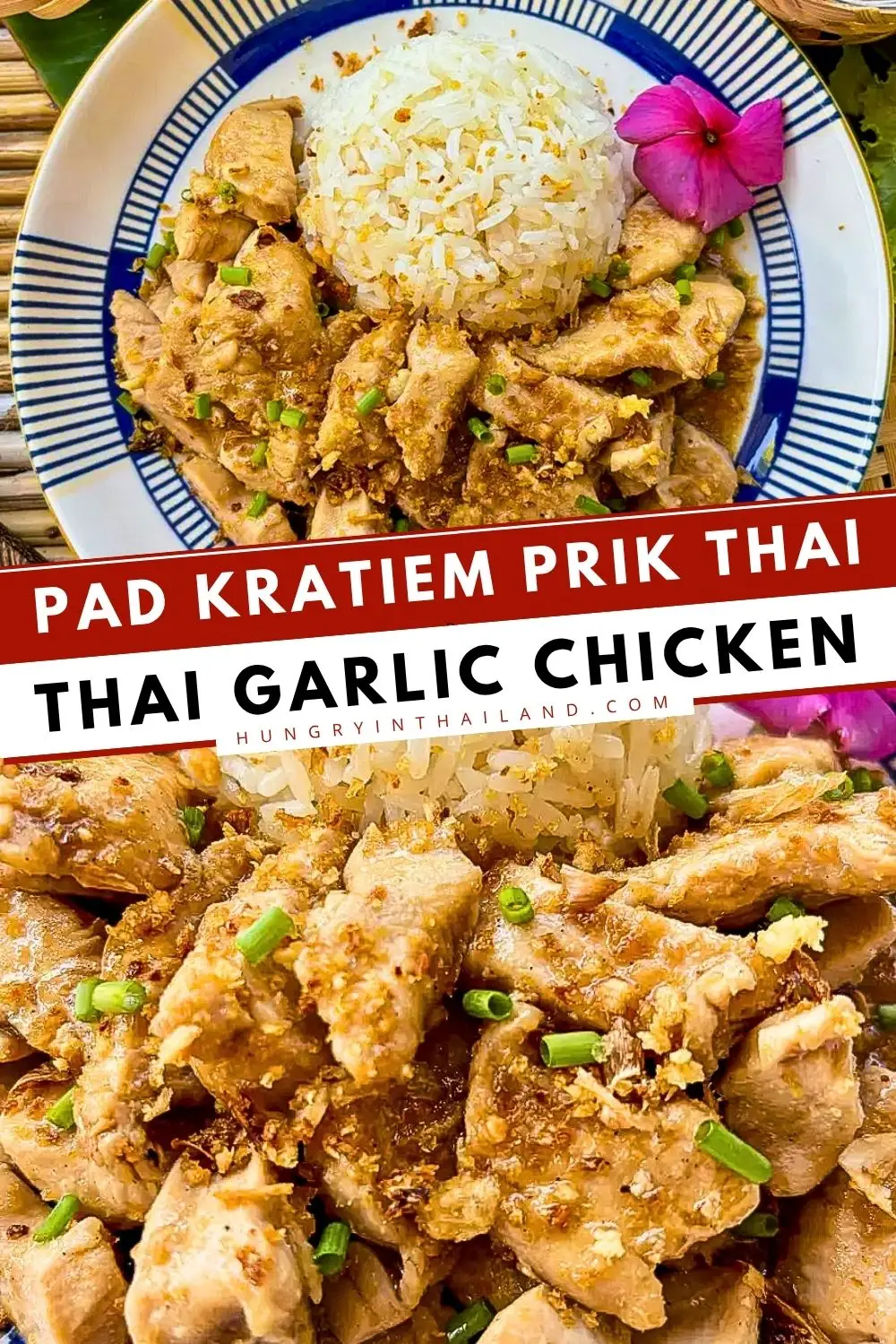 Thai garlic chicken (pad kratiem prik Thai) served with jasmine rice and crispy fried garlic.