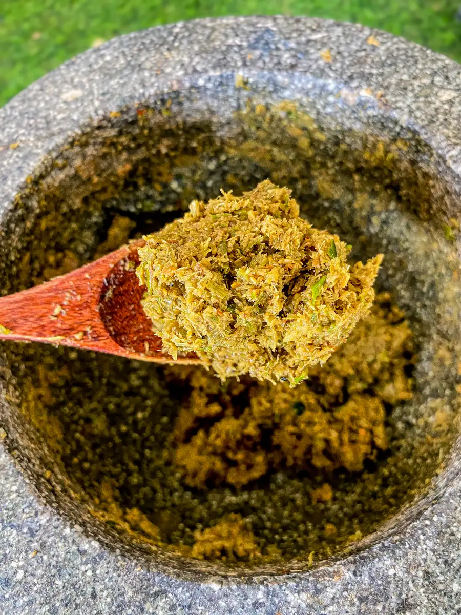 Thai green curry paste in wooden spoon over granite mortar.