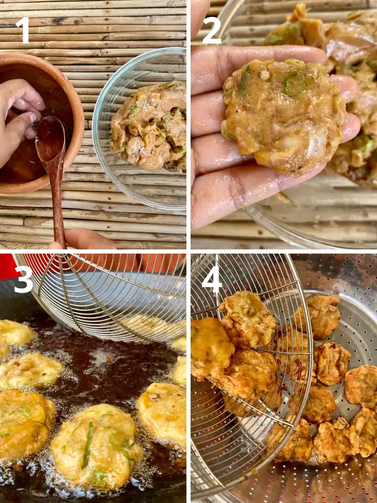 Thai Tod Mun Pla cooking process: 1) scooping seasoned fish mixture, 2) shaping fish cakes by hand, 3) frying fish cakes in hot oil until golden brown, 4) draining cooked fish cakes on wire rack