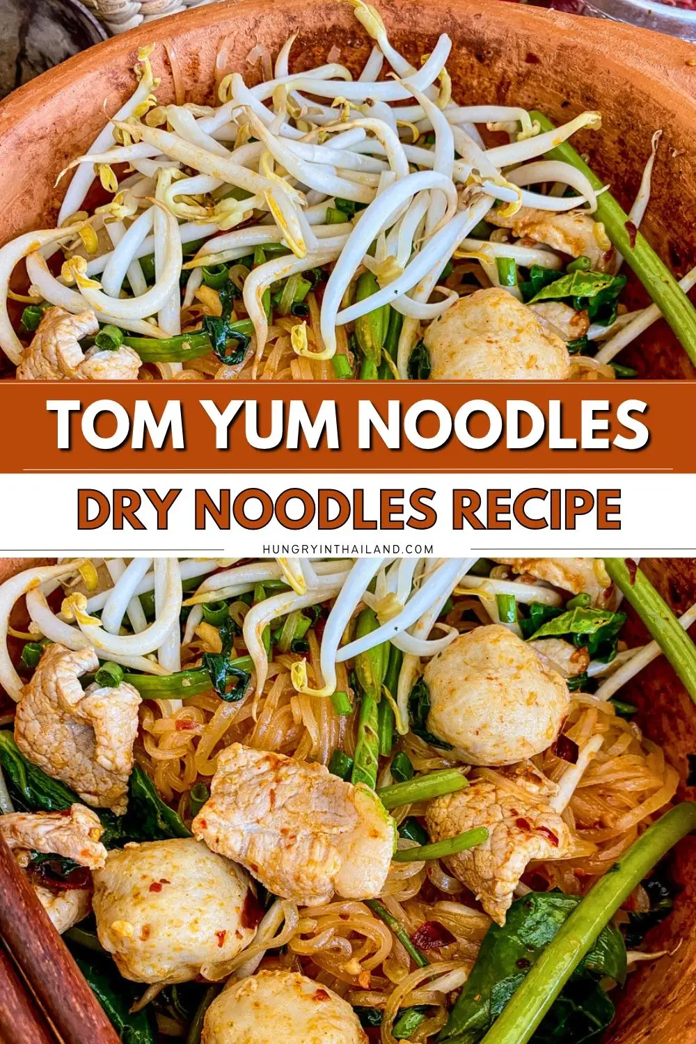 Thai dry tom yum noodles with pork, fish balls, Chinese broccoli, and crunchy bean sprouts, shown before and after tossing with the spicy sauce.