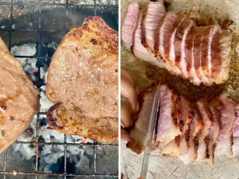 Instructional steps for grilling crying tiger steak and slicing it into thin pieces.