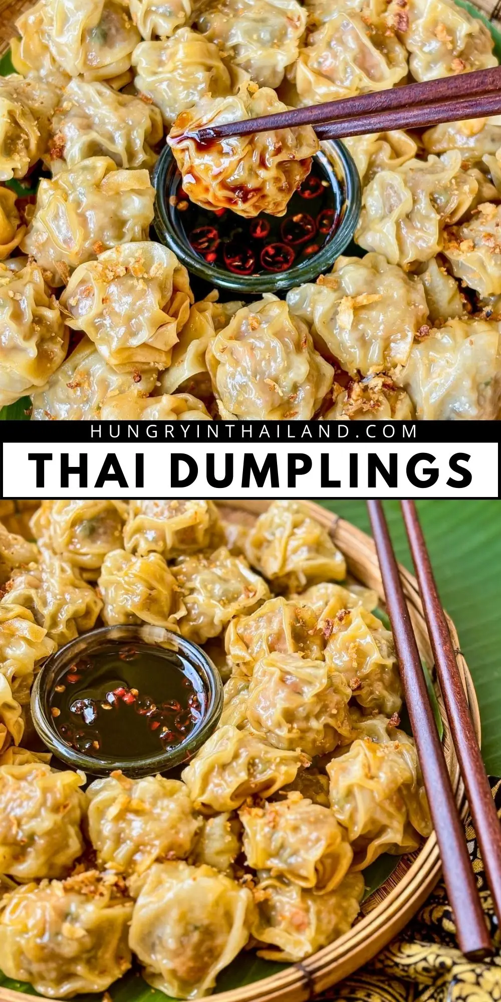 Thai dumplings (kanom jeeb) served with chili soy dipping sauce, garnished with crispy garlic and picked up with chopsticks.