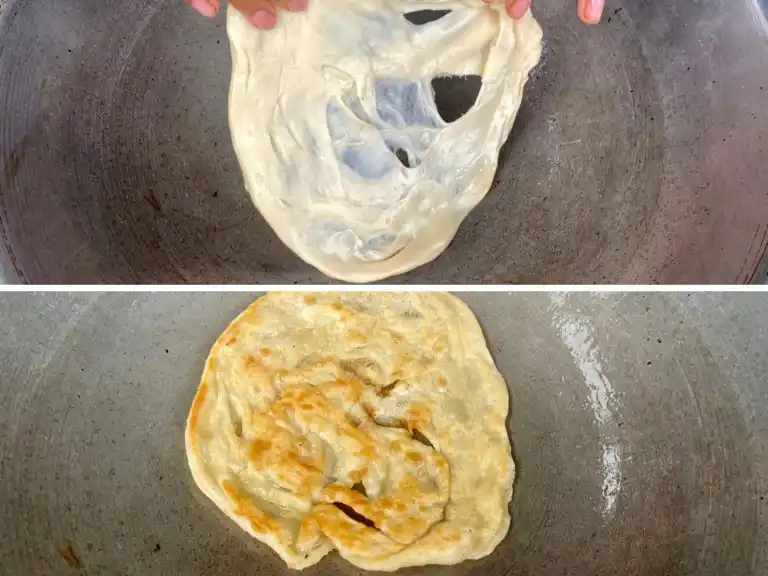Frying a thin sheet of Thai roti dough until golden and crispy.