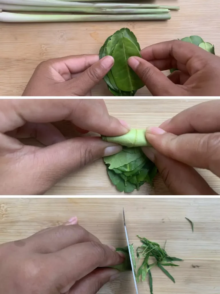 Instructions for cutting kaffir lime leaves for cooking.
