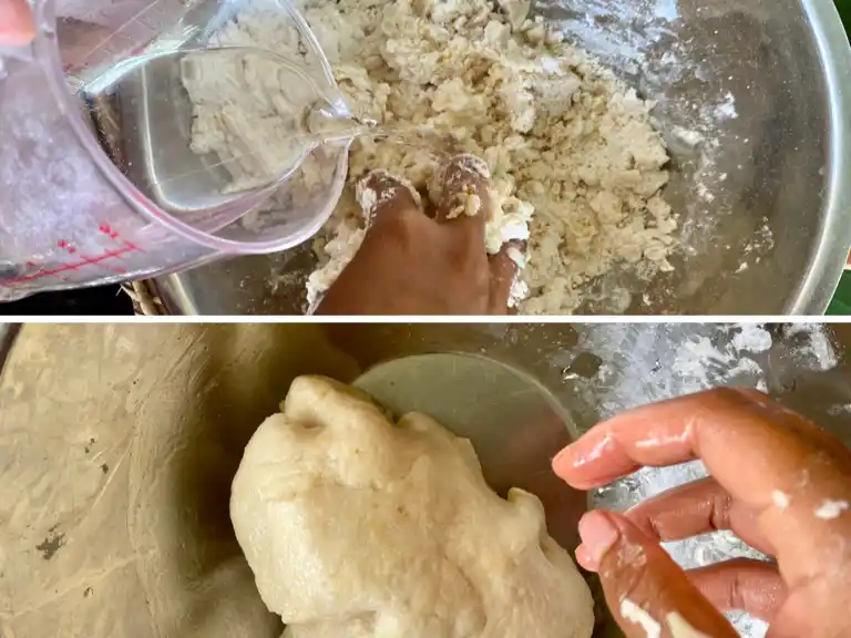 Kneading Thai roti dough until soft and elastic.