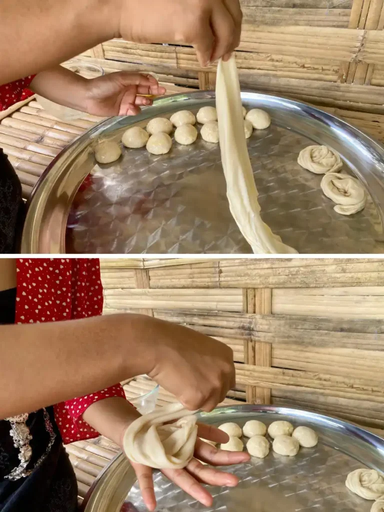 One image shows hand lifting a dough roll, while the other shows the dough being shaped on a hand.