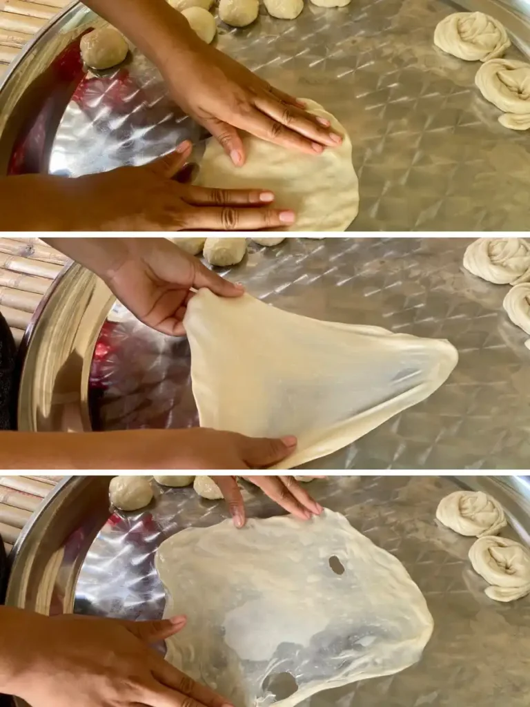 3 Images showing how to stretch roti dough on a flat working surface.