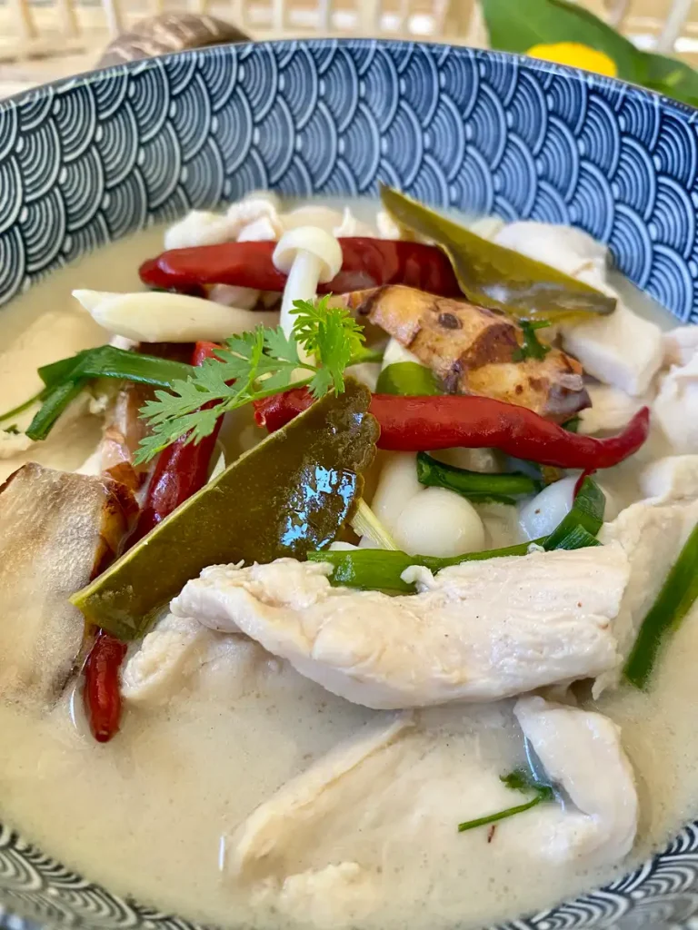 Tom kha gai or Thai coconut chicken soup with mushrooms, chilies, and herbs in a patterned soup bowl.