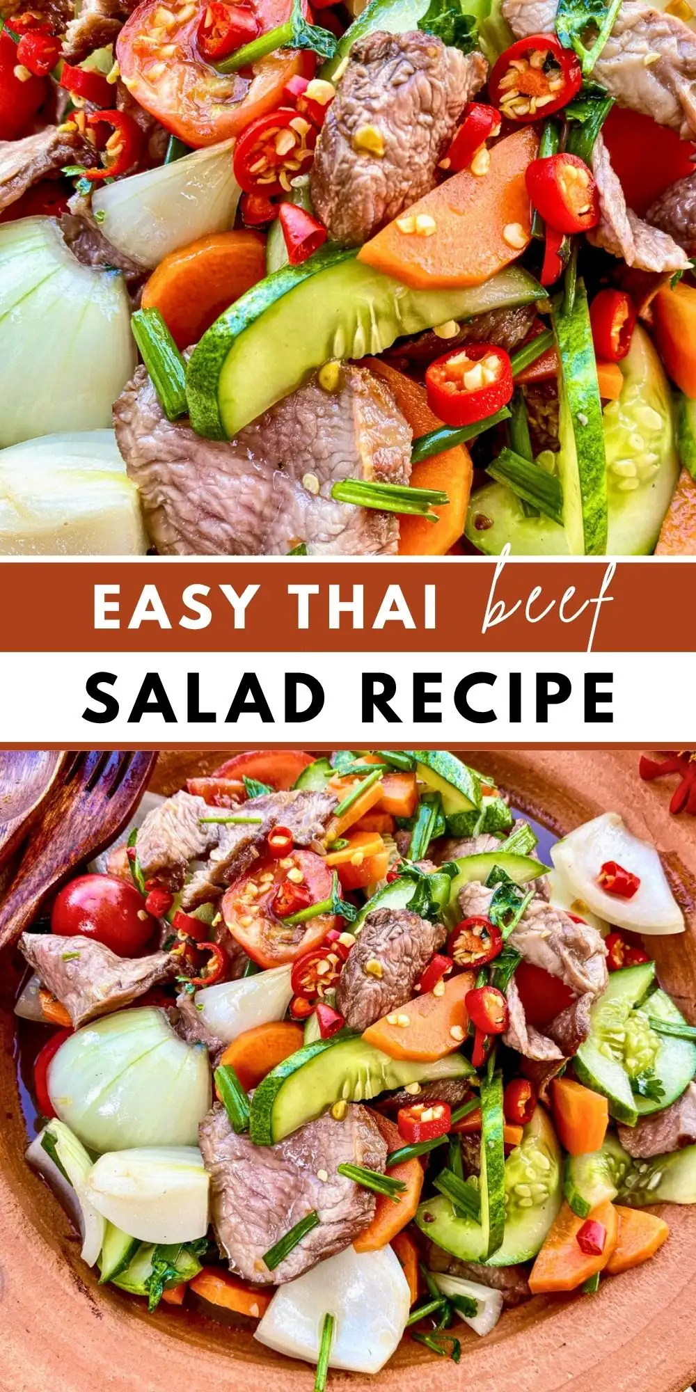 Easy Thai beef salad with sliced beef, cucumber, tomatoes, herbs, and spicy chili dressing.