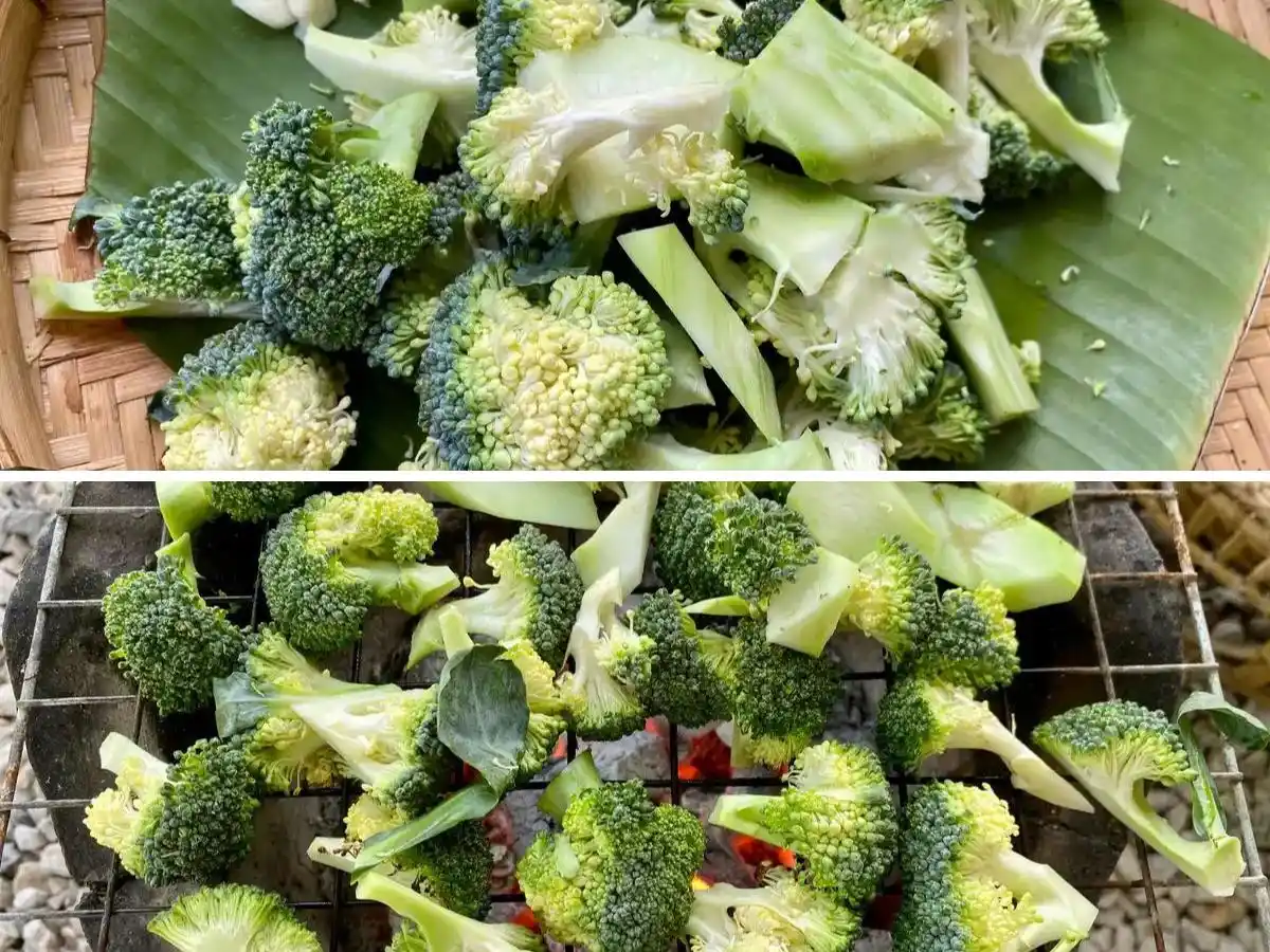 Broccoli sliced into bite-size pieces and broccoli on the grill.