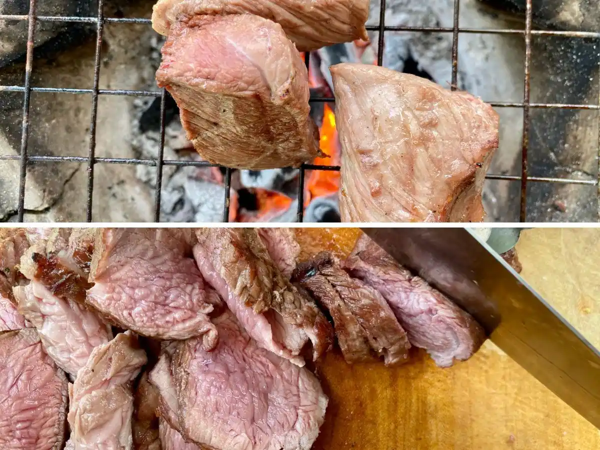 One image shows a steak being grilled over charcoal, and another image shows a knife slicing it into thin slices.