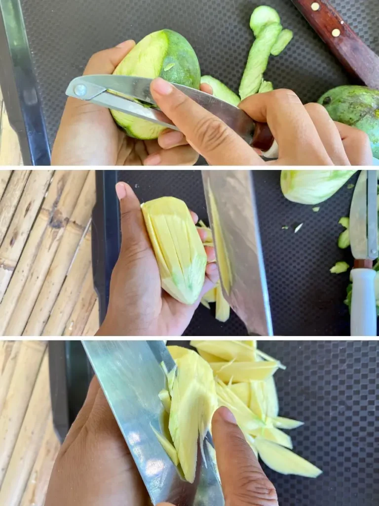 3 step-by-step instructional steps for how to shred green mango.