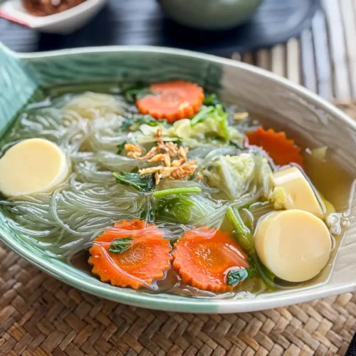 Thai tom jued soup served in a green leaf-shaped bowl with carrots, Chinese cabbage, and glass noodles.