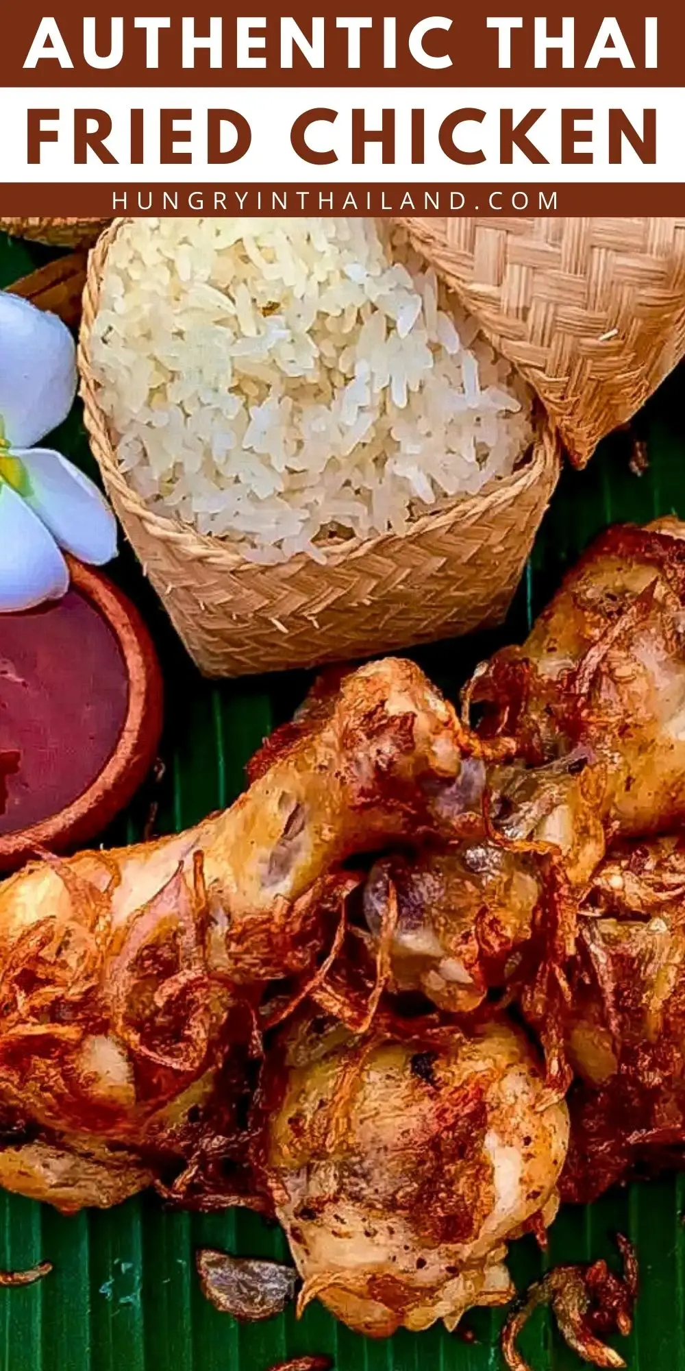 Authentic Thai fried chicken drumsticks topped with crispy fried shallots, served with sticky rice and dipping sauce.