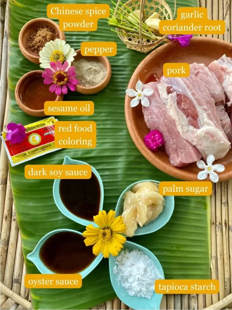 Ingredients for pork marinade labeled: tapioca starch, oyster sauce, palm sugar, dark soy sauce, red food coloring, pork loin, sesame oil, pepper, Chinese five spice powder, coriander root, and garlic.