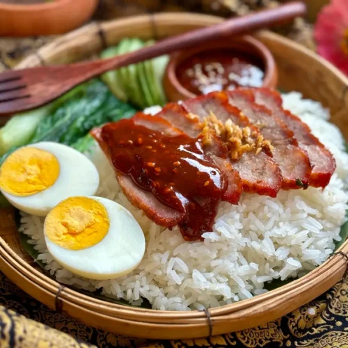 Khao moo dang, Thai red pork, over jasmine rice with cucumber and boiled egg garnish.