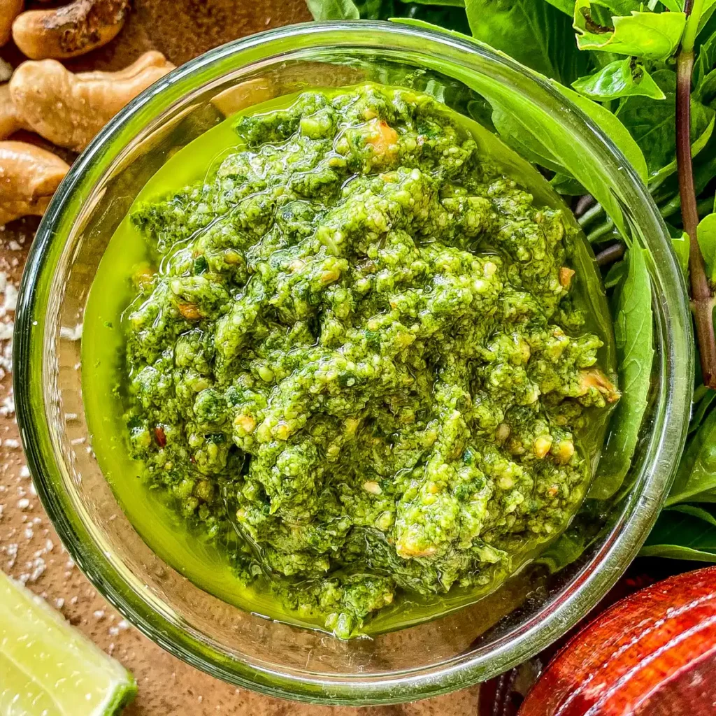 Thai basil pesto in olive oil with lime wedge, cashews, and herbs in the background.