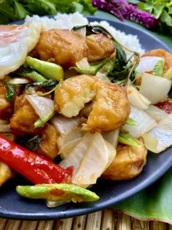 Close-up of stir-fried tofu Thai basil in a white dish with vegetables, holy basil, jasmine rice, red chilies, and a fried egg.