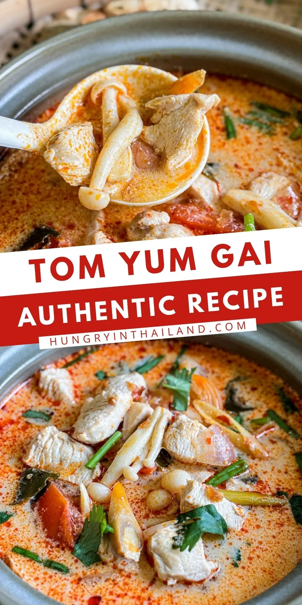 Tom yum gai Thai chicken soup with mushrooms, herbs, and chili paste in a creamy spicy broth.
