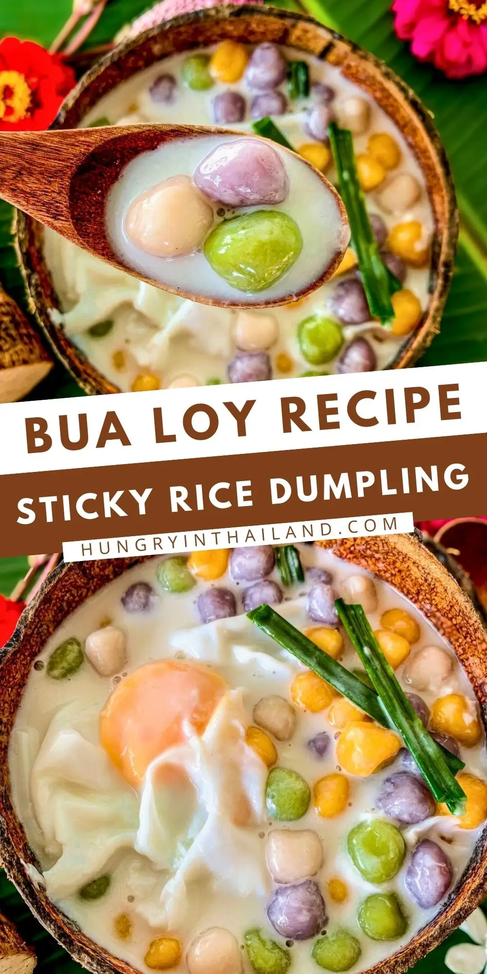 Bua loy, Thai sticky rice dumplings in coconut milk with colorful rice balls and egg, served in a coconut shell bowl.