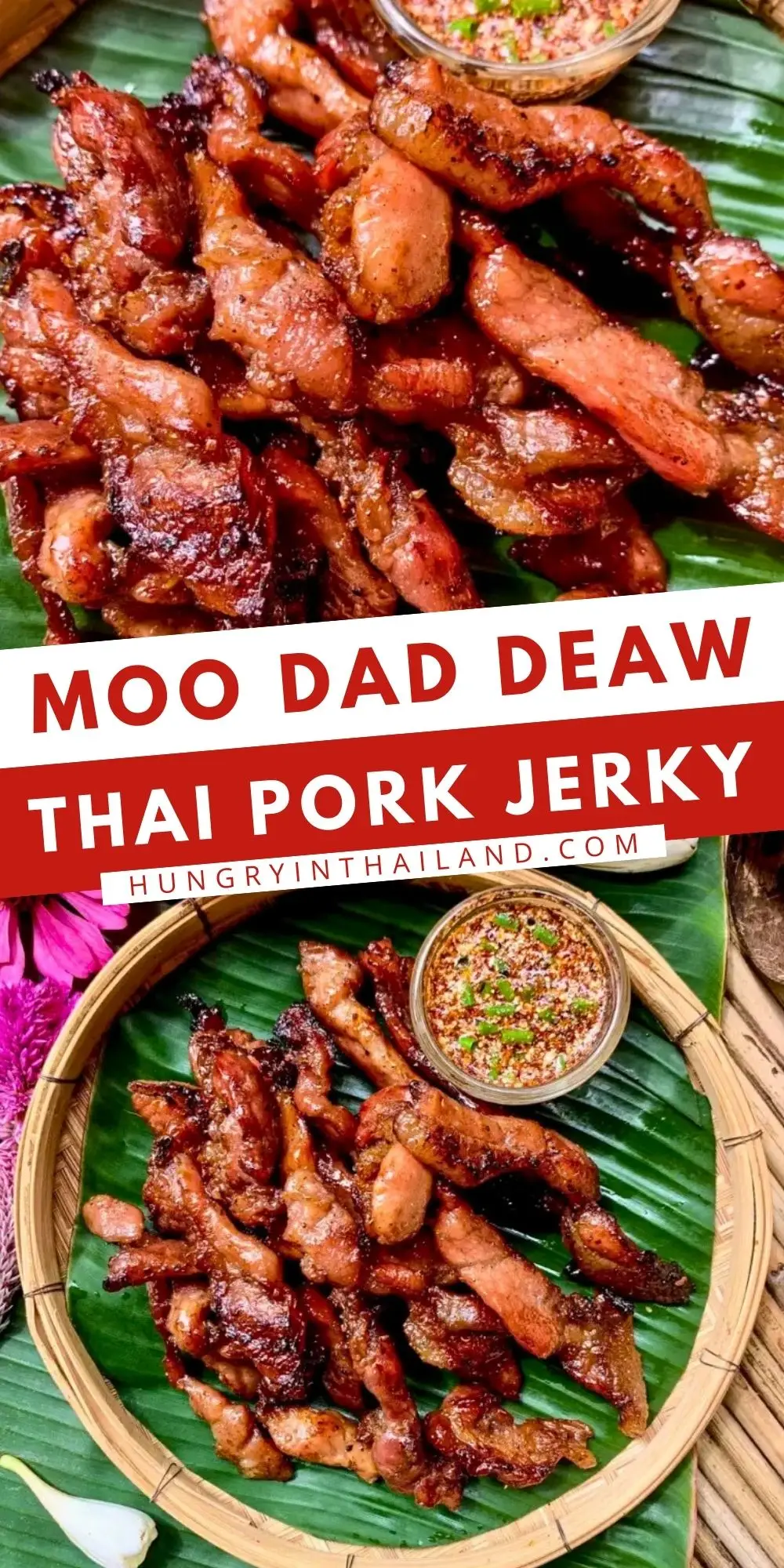 Moo dad deaw Thai pork jerky served on a banana leaf with a spicy chili dipping sauce.