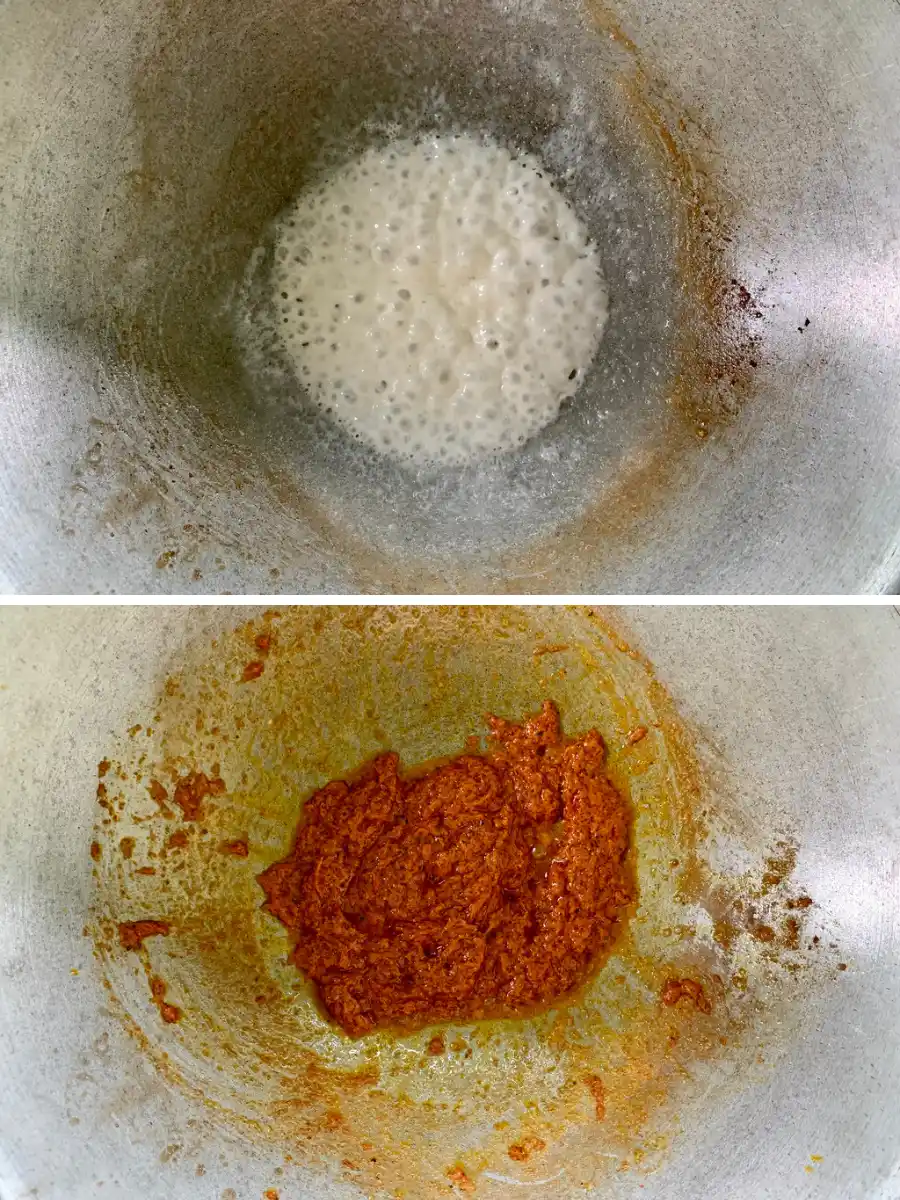 Reduced coconut milk in a pan, with fried curry paste.