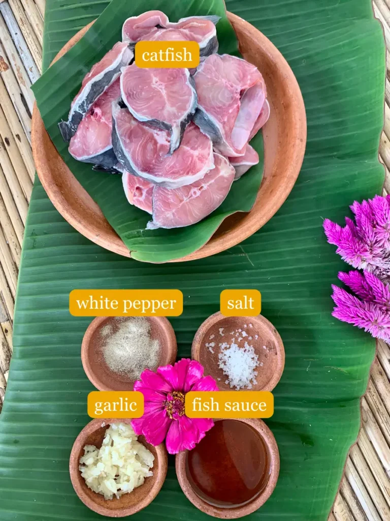 Bird's eye view of recipe ingredients; fresh catfish pieces, white pepper, salt, fish sauce, and garlic in clay cups, set on a banana leaf.