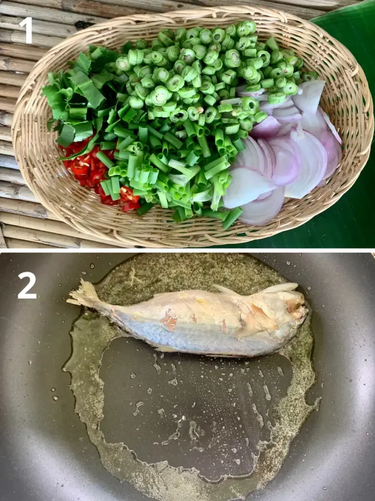 Instructions for prepping the vegetables and frying the mackerel.