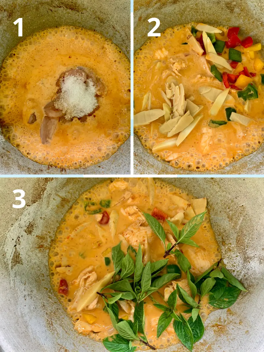 Instructions for cooking gaeng daeng in a pan.