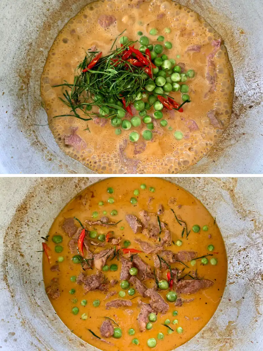 2 Instructional steps of Thai beef panang curry in a pan