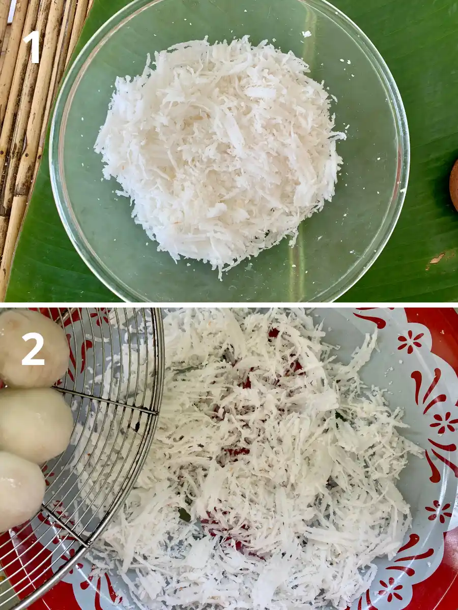 Instructions for topping the Thai coconut balls with shredded coconut.