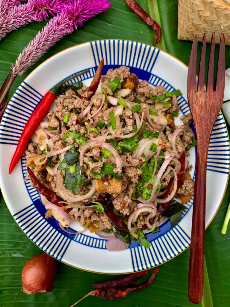Larb ped, an easy Thai salad with duck, fresh herbs, and spices.