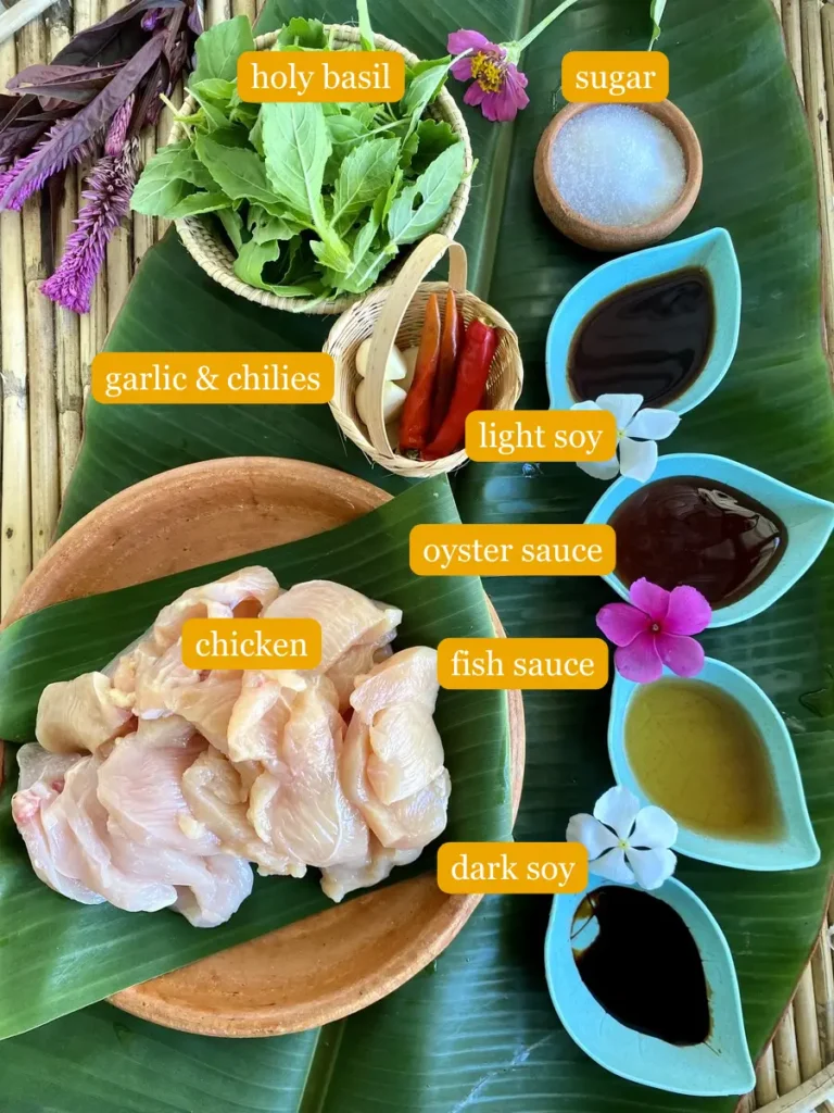 Bird's eye view of recipe ingredients displayed on a banana leaf; holy basil, sugar, garlic, chilies, light soy sauce, oyster sauce, fish sauce, dark soy sauce, and chicken.