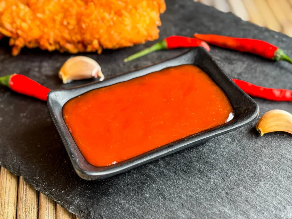 Thai hot sauce in a black dipping bowl with fresh garlic and Thai chili peppers.