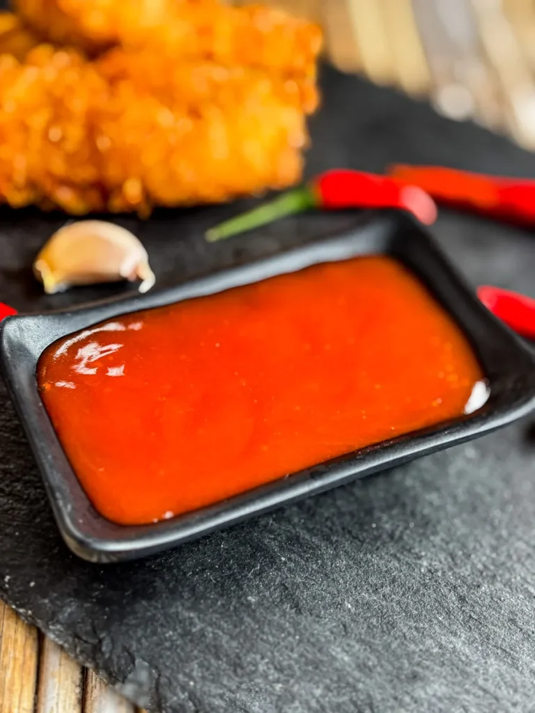Thai hot sauce served in a rectangular black dish, surrounded by garlic and red chilies.