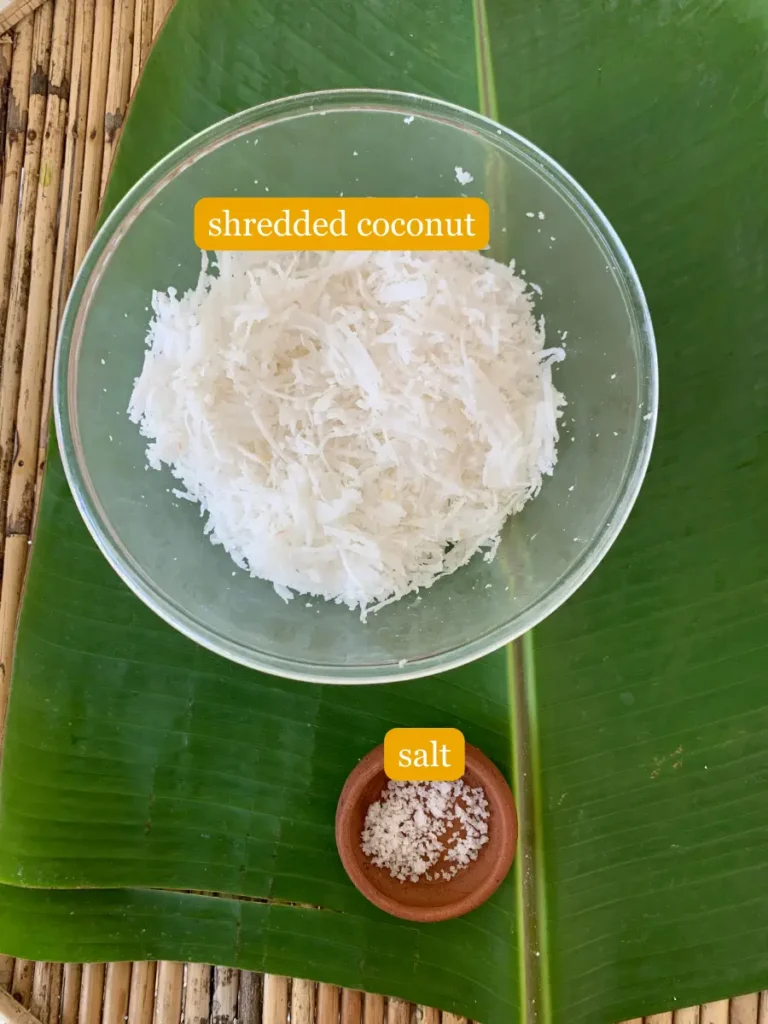 Top-down view of shredded coconut and salt for topping.