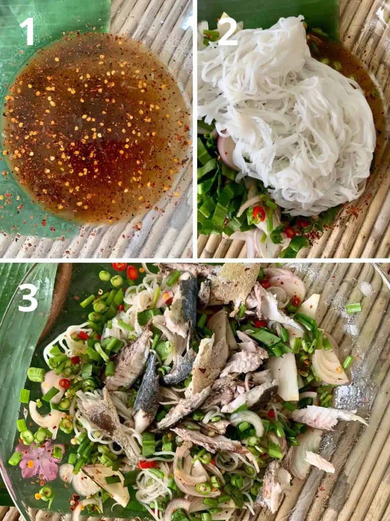 Instruction for tossing the yum kanom jeen salad.