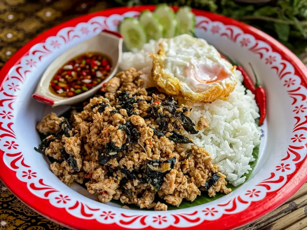 Pad kra pao chicken, stir-fried chicken basil served with jasmine rice, crispy fried egg, cucumber, and prik nam pla on a traditional plate.