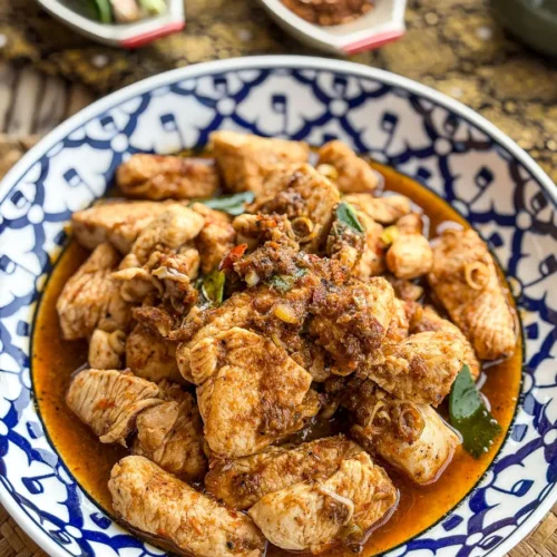 Thai lemongrass chicken stir fry served in a blue and white patterned bowl with visible herbs and sauce.