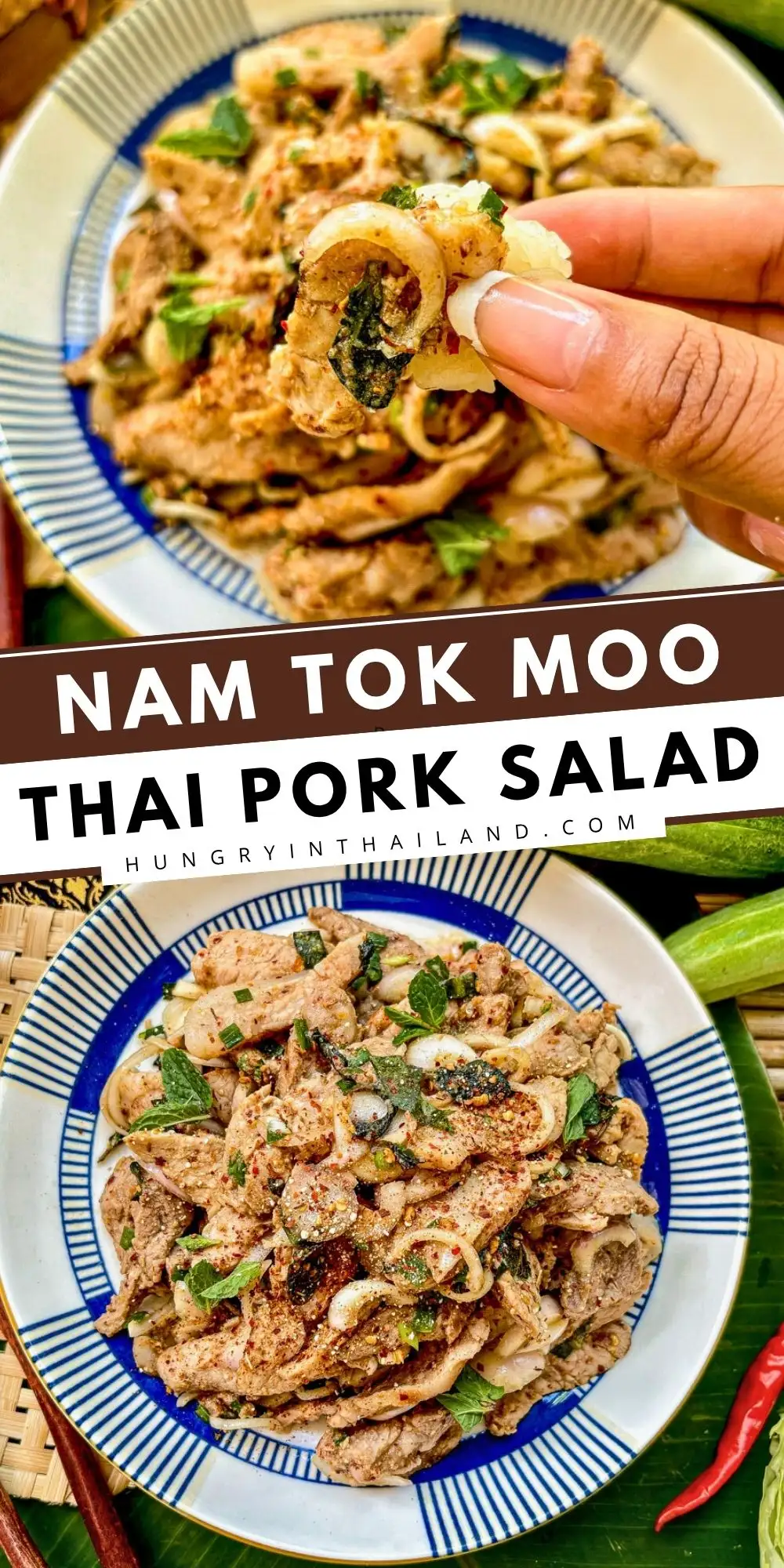Nam tok moo Thai grilled pork salad with toasted rice powder, herbs, lime juice, and chilies.
